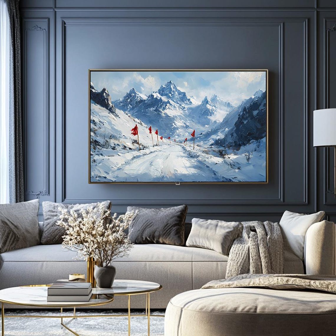 Snowy Mountain Valley Road Lined with Red Banners Art Poster - Image 2