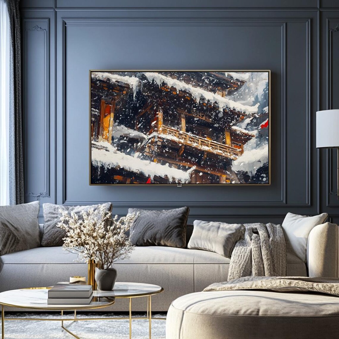 Snowy Temple Rooftops in Heavy Winter Snow Japanese Art Poster - Image 2