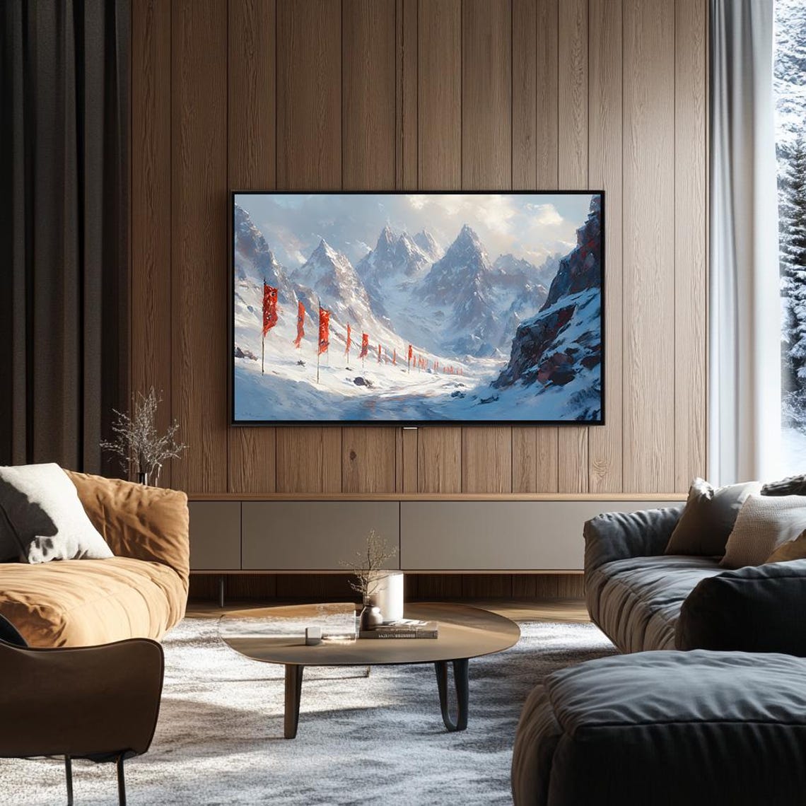 Red Banners on a Snowy Mountain Pass Japanese Winter Art Poster - Image 3