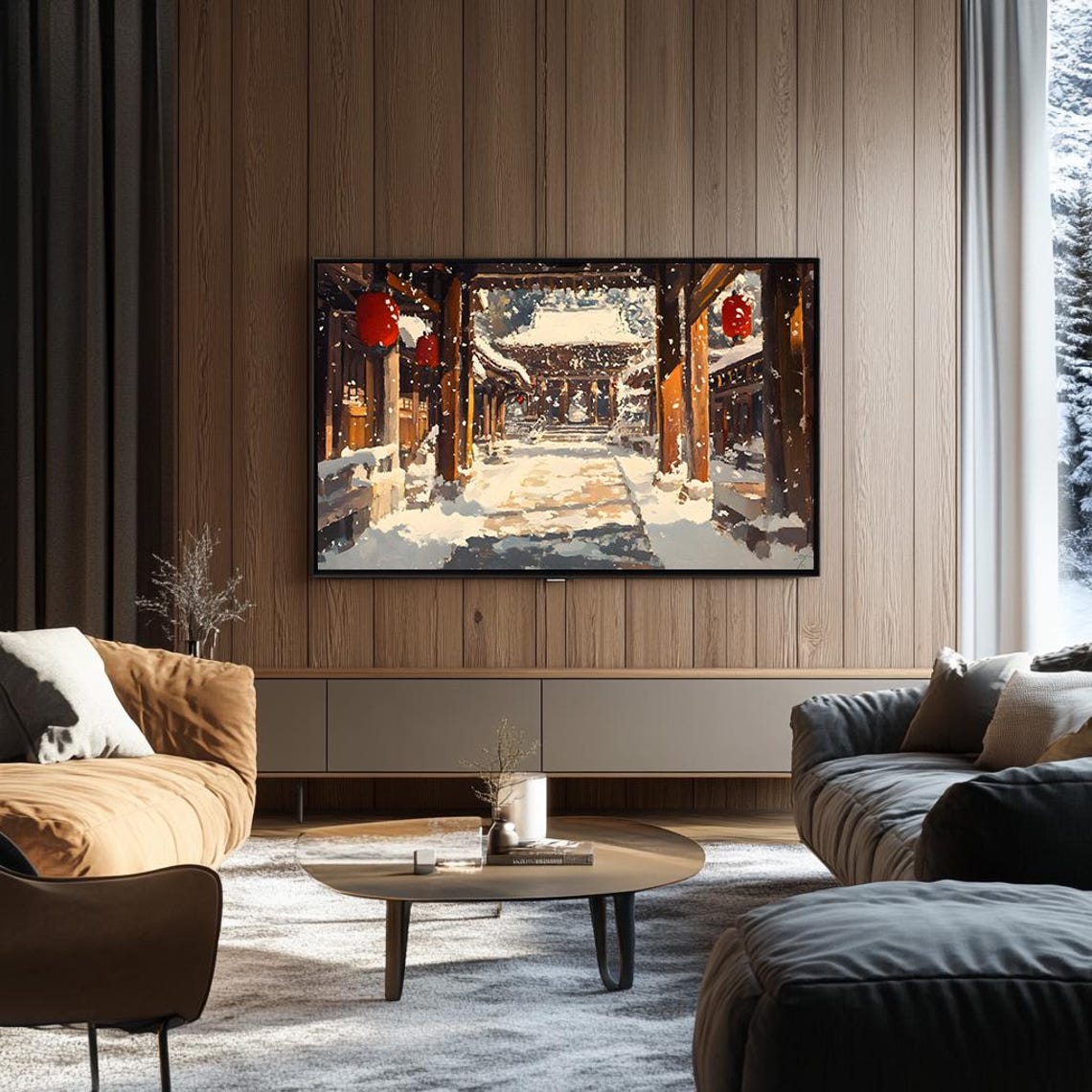 Snowy Temple Corridor with Red Lanterns Japanese Courtyard Poster - Image 3