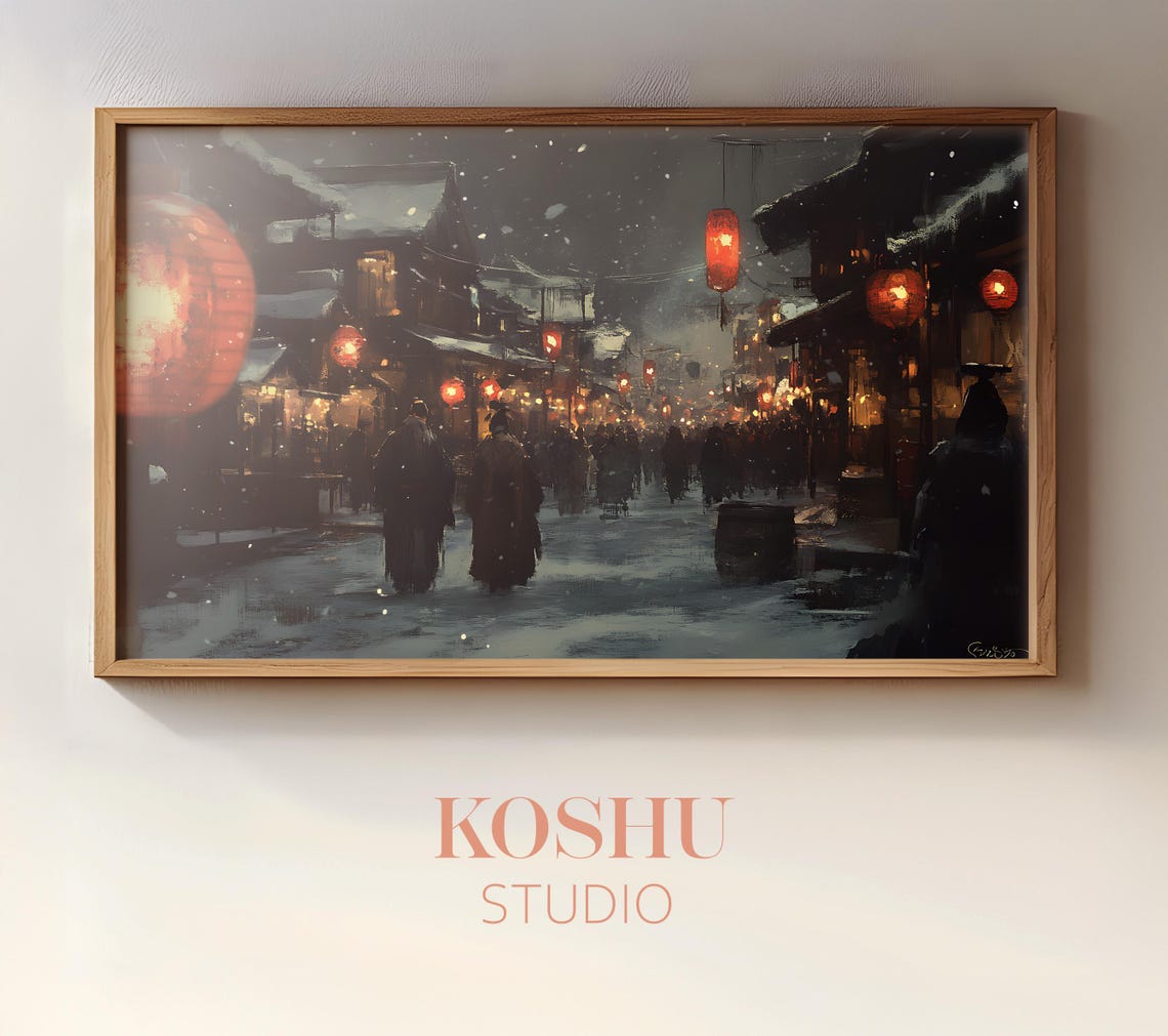 Night Market Street in Falling Snow with Red Lanterns Art Poster