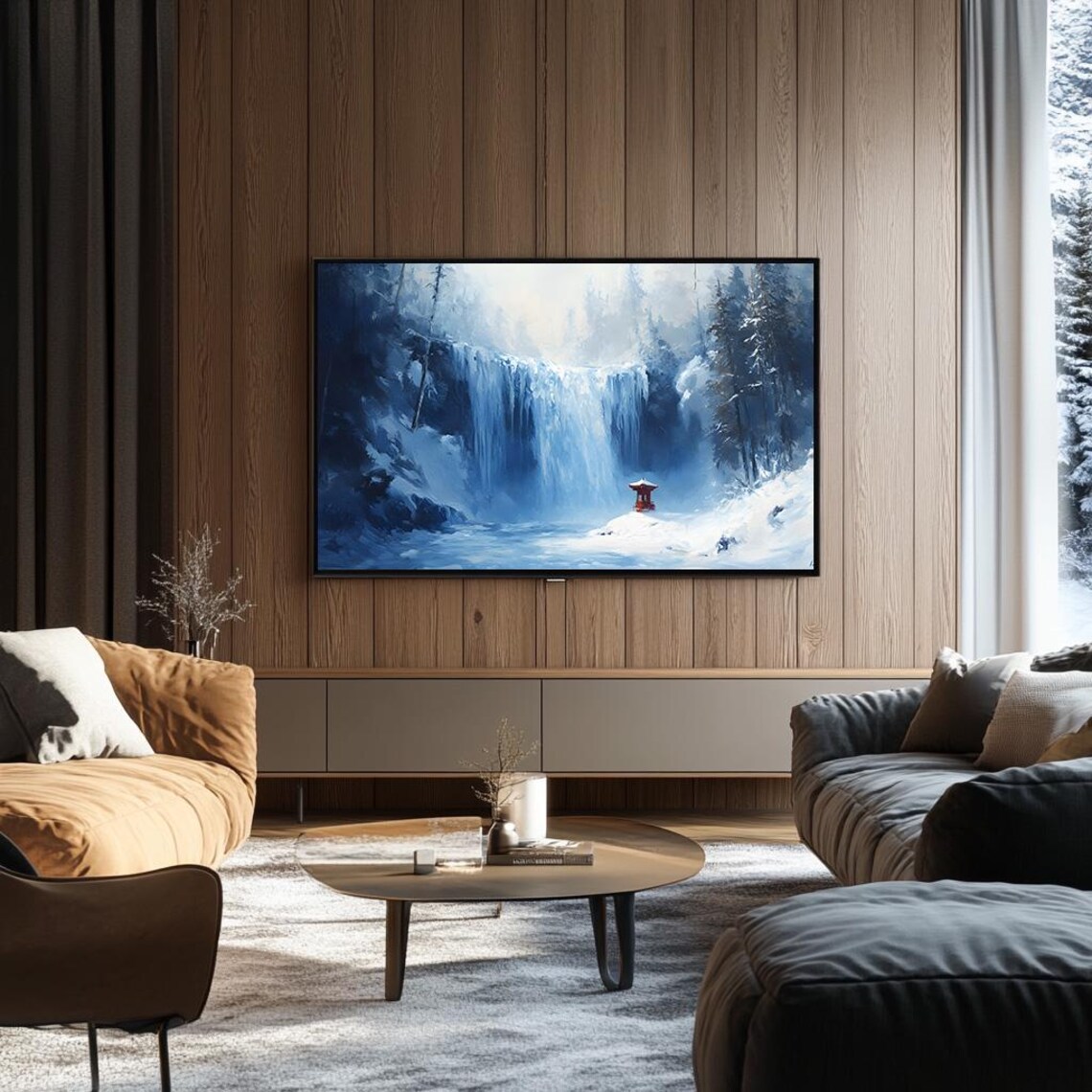Snowy Frozen Waterfall and Red Pagoda Japanese Winter Landscape Poster - Image 3