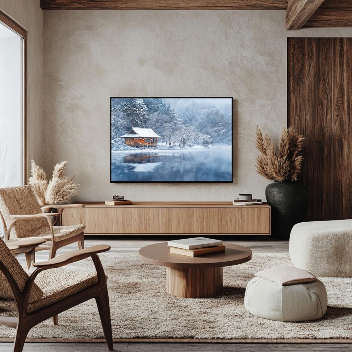 Lakeside Wooden Hut in Falling Snow Japanese Winter Art Poster - Image 4