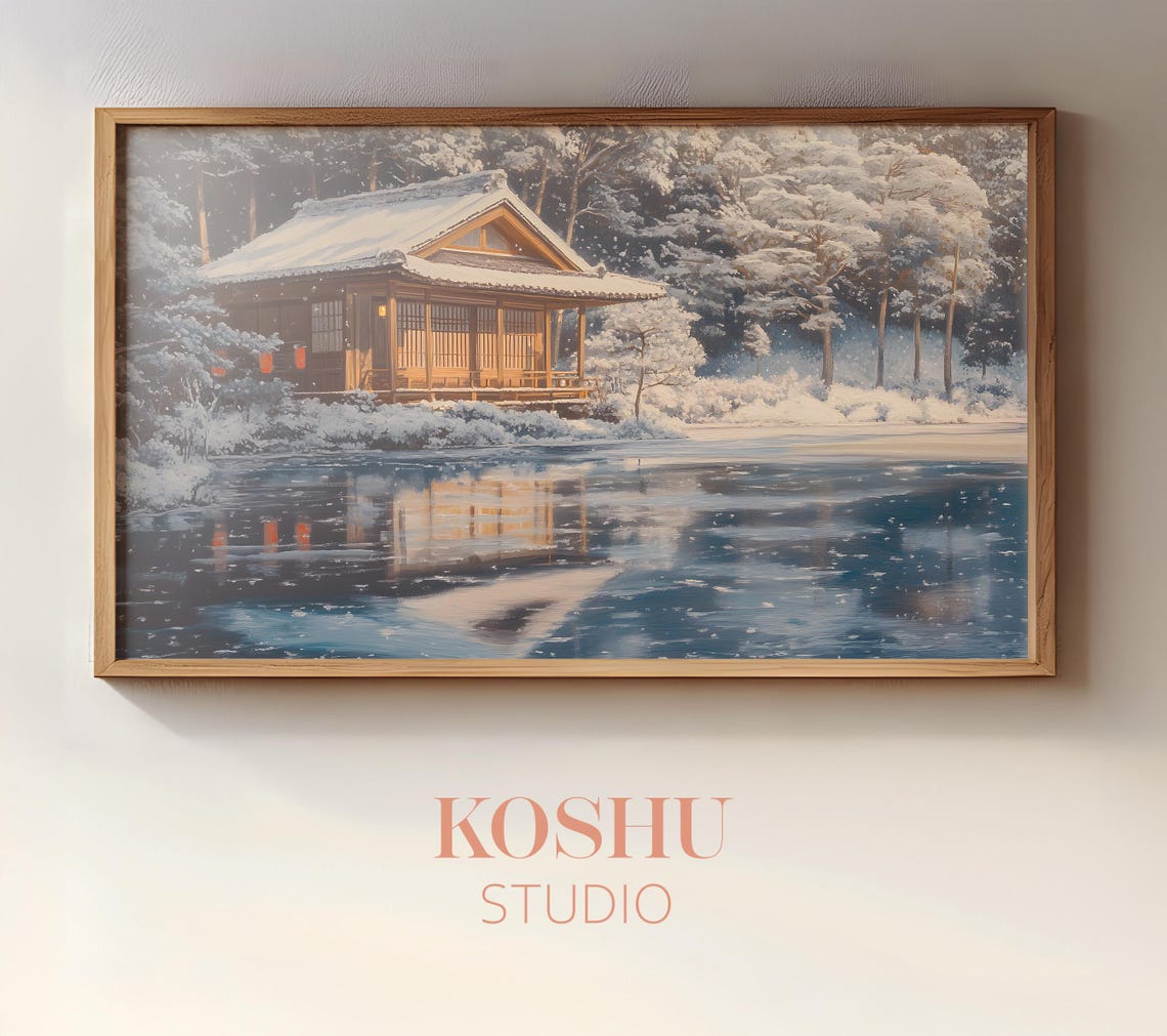Snowy Tea House Beside an Icy Lake with Reflections Winter Poster