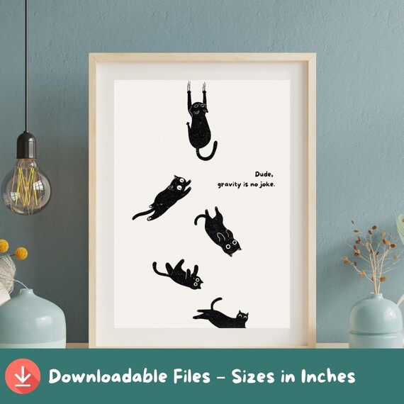 Funny Falling Black Cats Gravity Is No Joke Whimsical Cat Poster