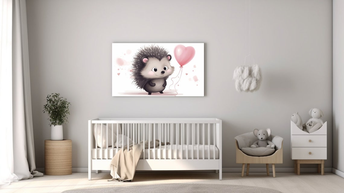 Hedgehog with Pink Heart Balloon Blushing Cheeks Nursery Poster