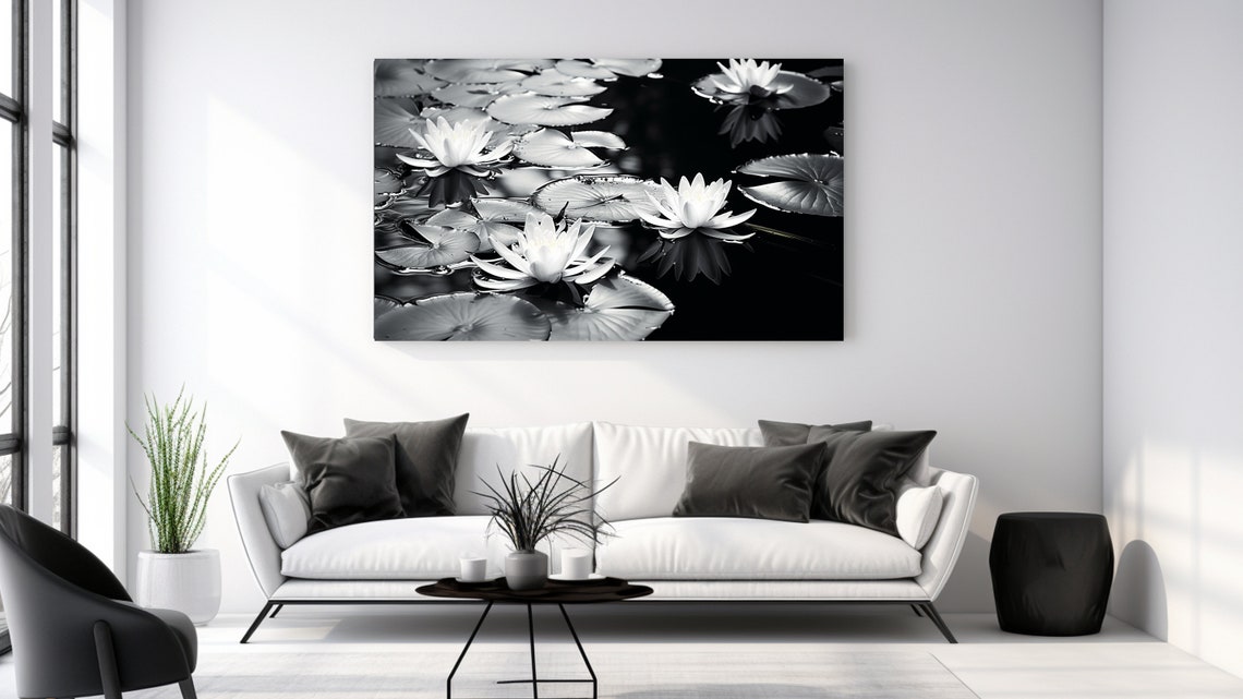 Water Lilies Black White Pond Zen Botanical Minimalist Poster