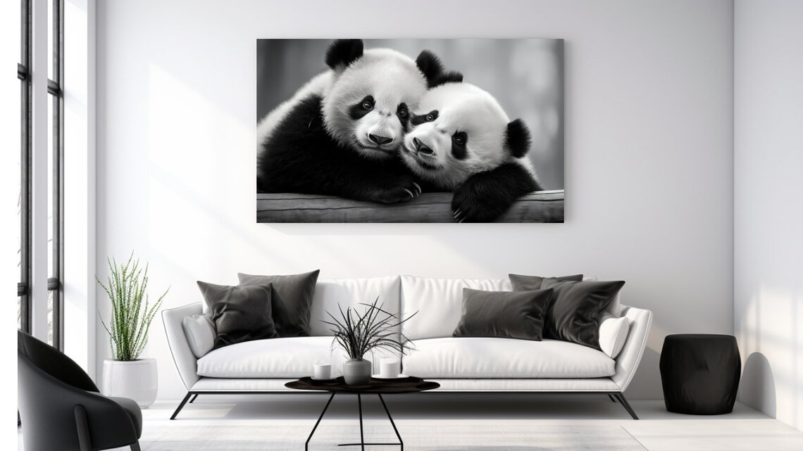 Giant Pandas Cuddling Black And White Wildlife Photography Wall Poster