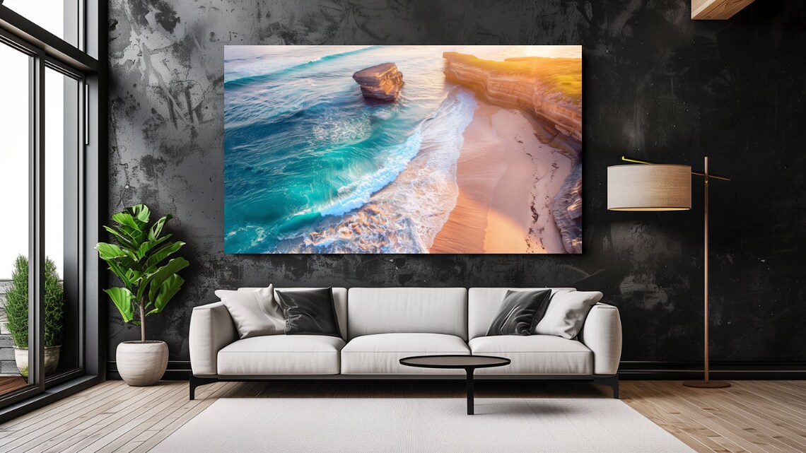 Aerial Beach Sunset Sea Stacks Turquoise Waves Golden Sand Poster