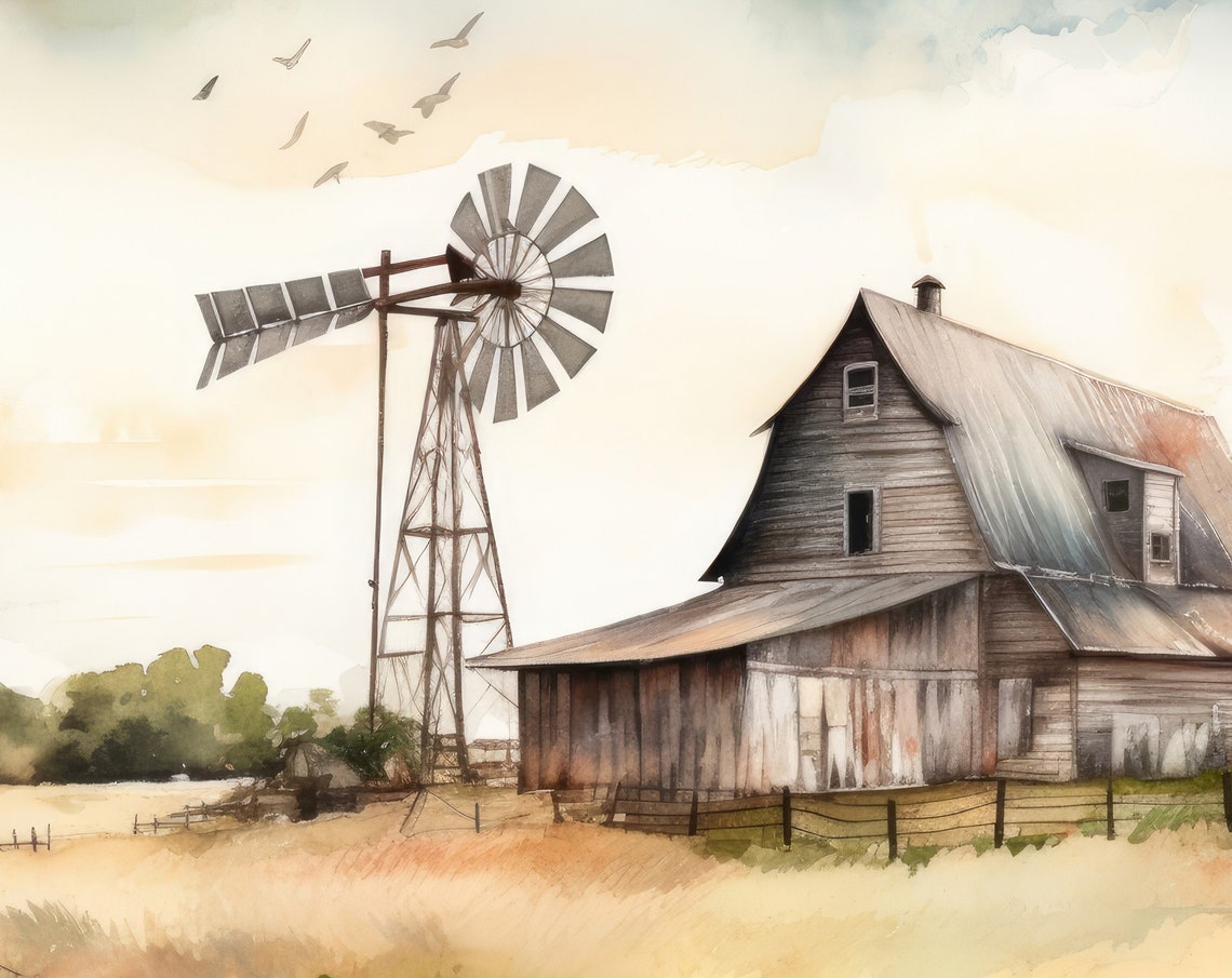 Rustic Windmill Beside a Weathered Wooden Barn Watercolor Art Poster