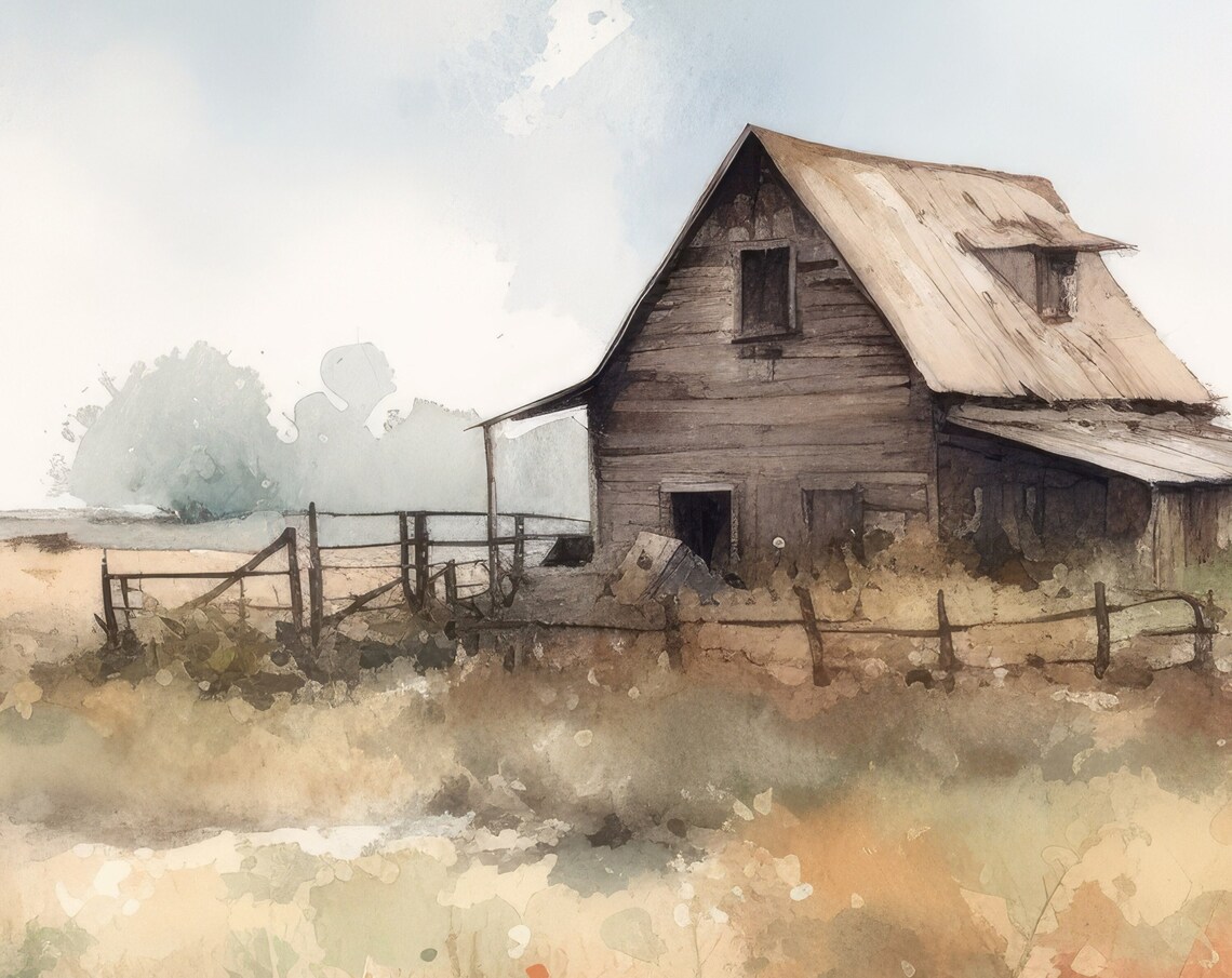 Weathered Old Barn in a Misty Morning Field Watercolor Farm Poster