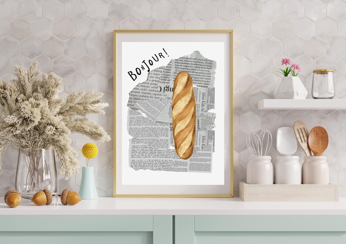 Bonjour French Baguette On Torn Vintage Newspaper Kitchen Poster - Image 3