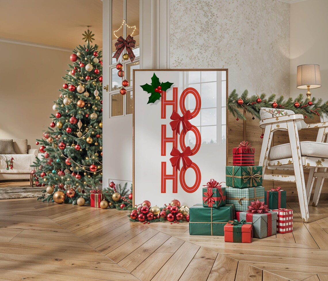 Ho Ho Ho Red Bow Christmas Poster Holly Holiday Festive Wall Decor Art - Image 3