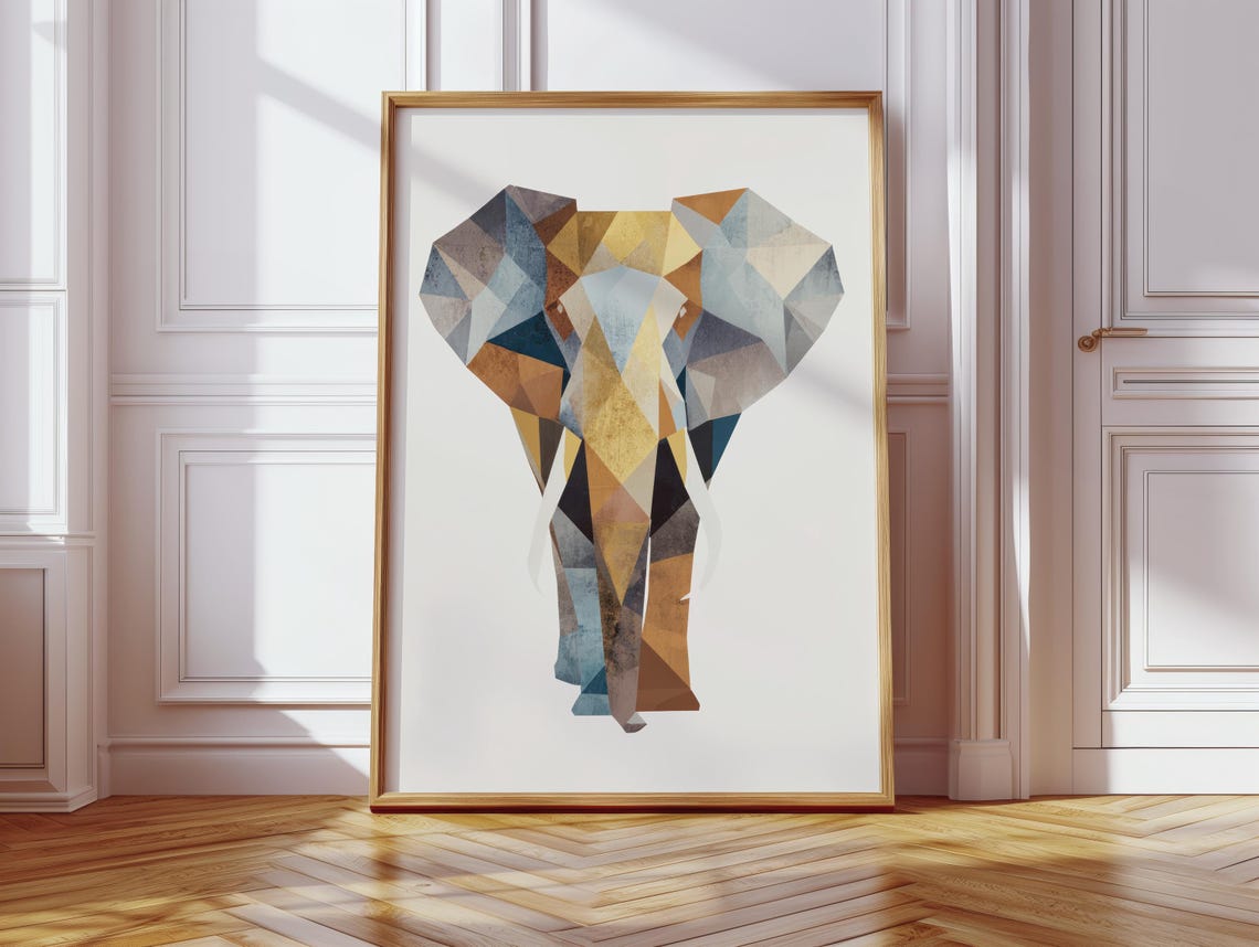 Geometric Low Poly Elephant Head Blue Brown Modern Abstract Poster