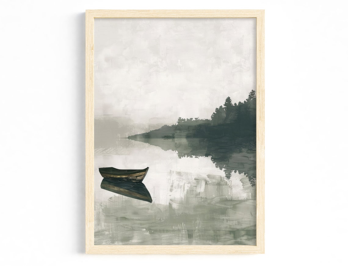 Minimalist Boat Misty Lake Nordic Landscape Monochrome Print