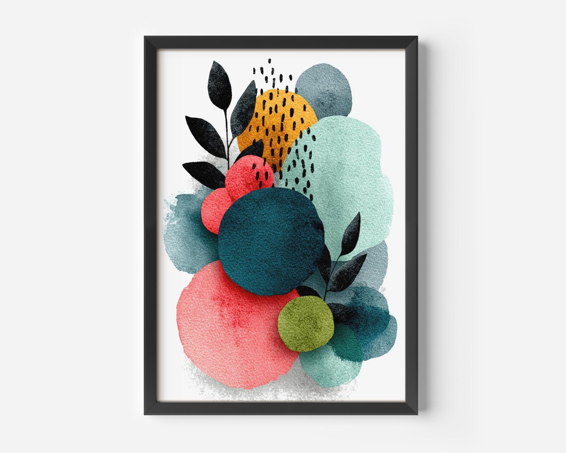 Colorful Abstract Watercolor Circles Botanical Leaves Modern Art Print