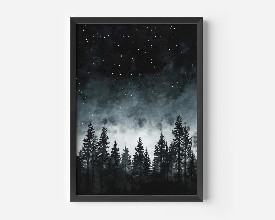 Starry Night Pine Forest Monochrome Watercolor Nature Poster