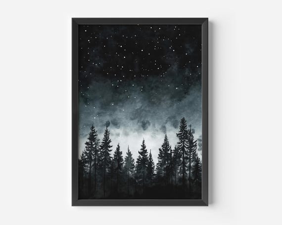 Living Room Night Landscape Poster Scandi Forest Illustration Black And White Art Print Stars Wall Decoration Tranquility Watercolor