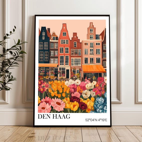 The Hague Poster Floral Splendor Colorful City With Tulips Illustration Holland Vintage Wall Art Hallway Living Room Office