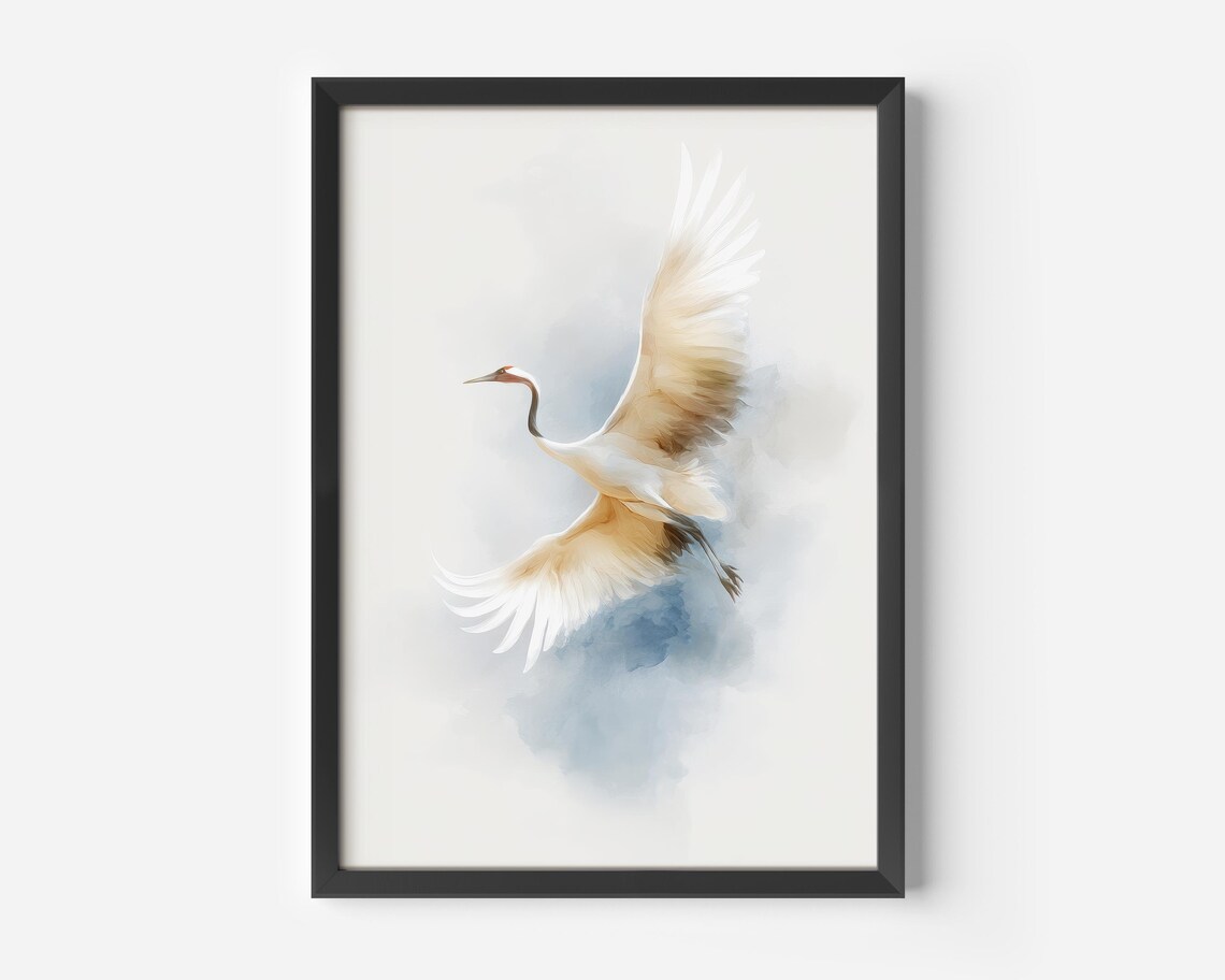 White Crane Flying in Watercolor Mist Minimal Bird Art Poster