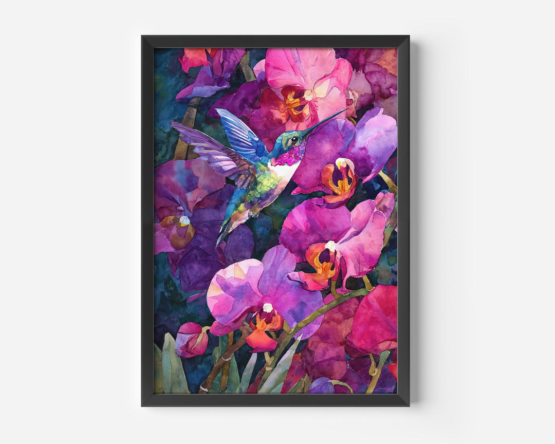 Hummingbird Pink Orchid Flowers Vibrant Watercolor Botanical Poster