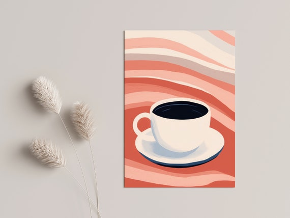 Retro Kitchen Wall Decor Abstract Coffee Cup Illustration Red Beige Art For Lovers Modern Poster The Living Room Or Office