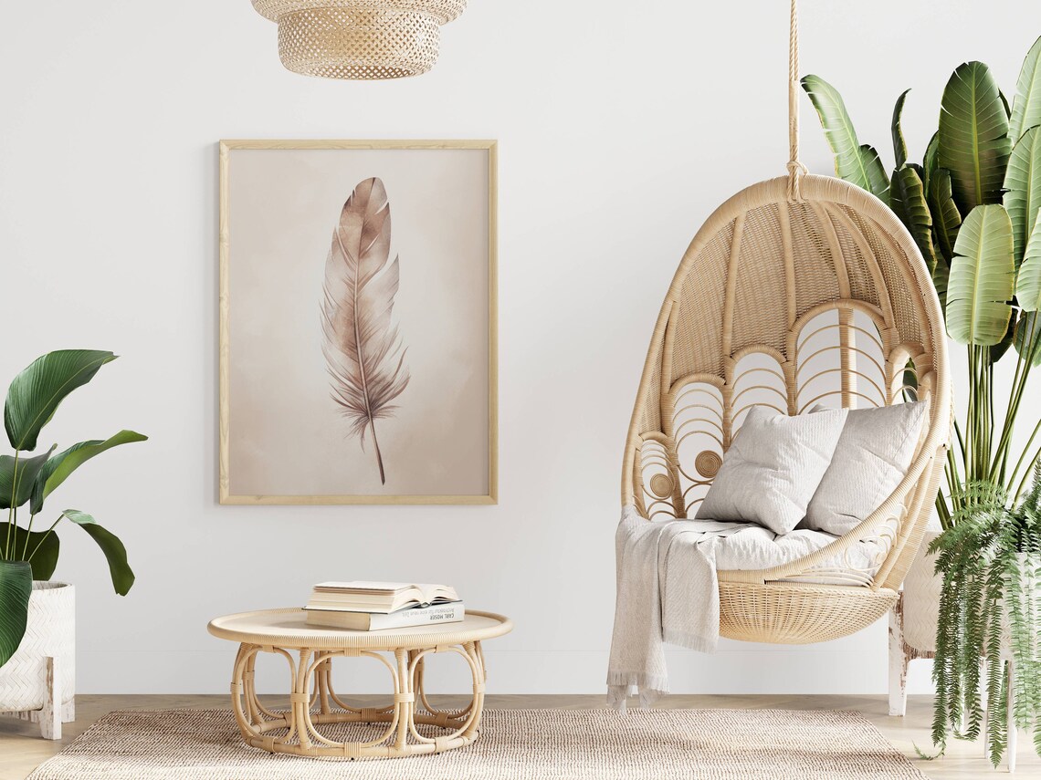 Modern Boho Feather Art Print, Neutral Minimalist Decor