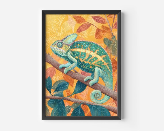 Chameleon Watercolor Illustration Art Print, Jungle Nature