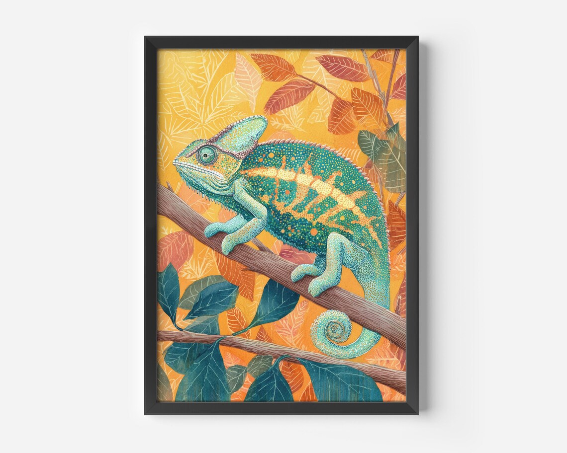 Chameleon Watercolor Illustration Art Print, Jungle Nature