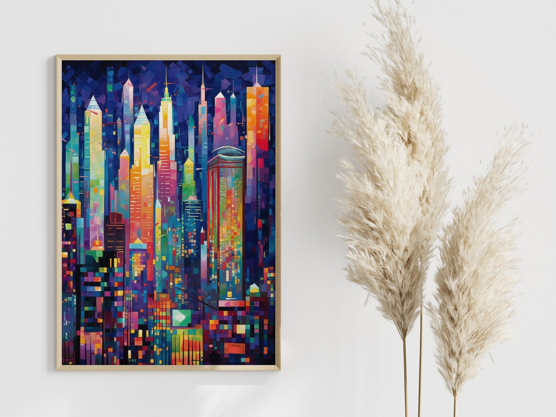 Colorful Neon City Skyline Night View Abstract Mosaic Art Poster