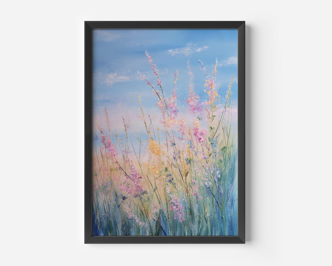 Pastel Wildflower Meadow Dreamy Blue Sky Floral Garden Wall Art