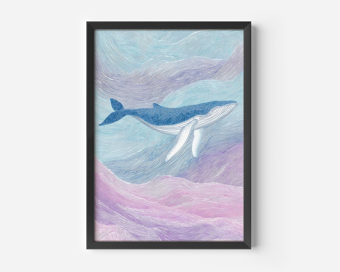Humpback Whale Blue Pink Ocean Waves Line Art Illustration Poster