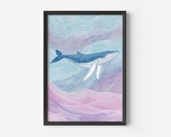 Humpback Whale Blue Pink Ocean Waves Line Art Illustration Poster