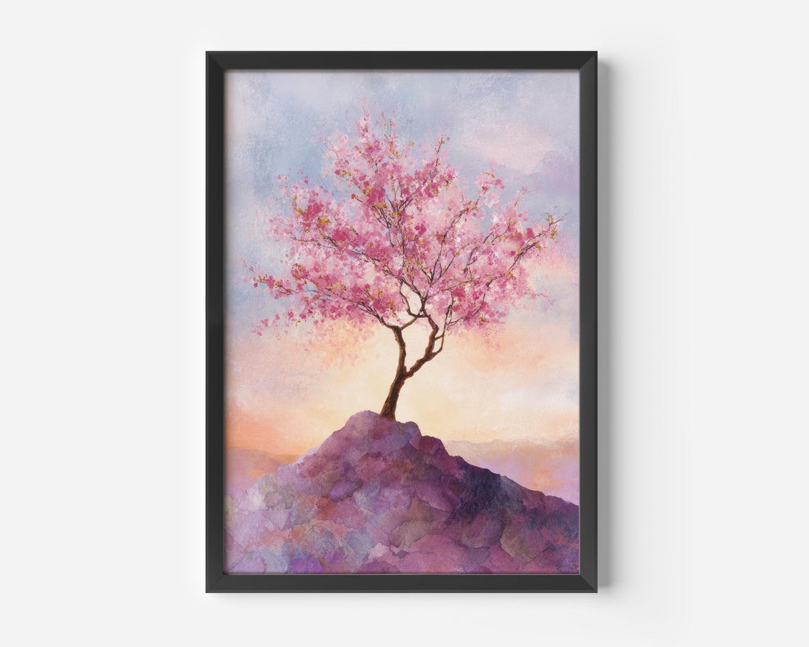 Watercolor Cherry Blossom Tree Poster Pink Sunset Hill Nature Art