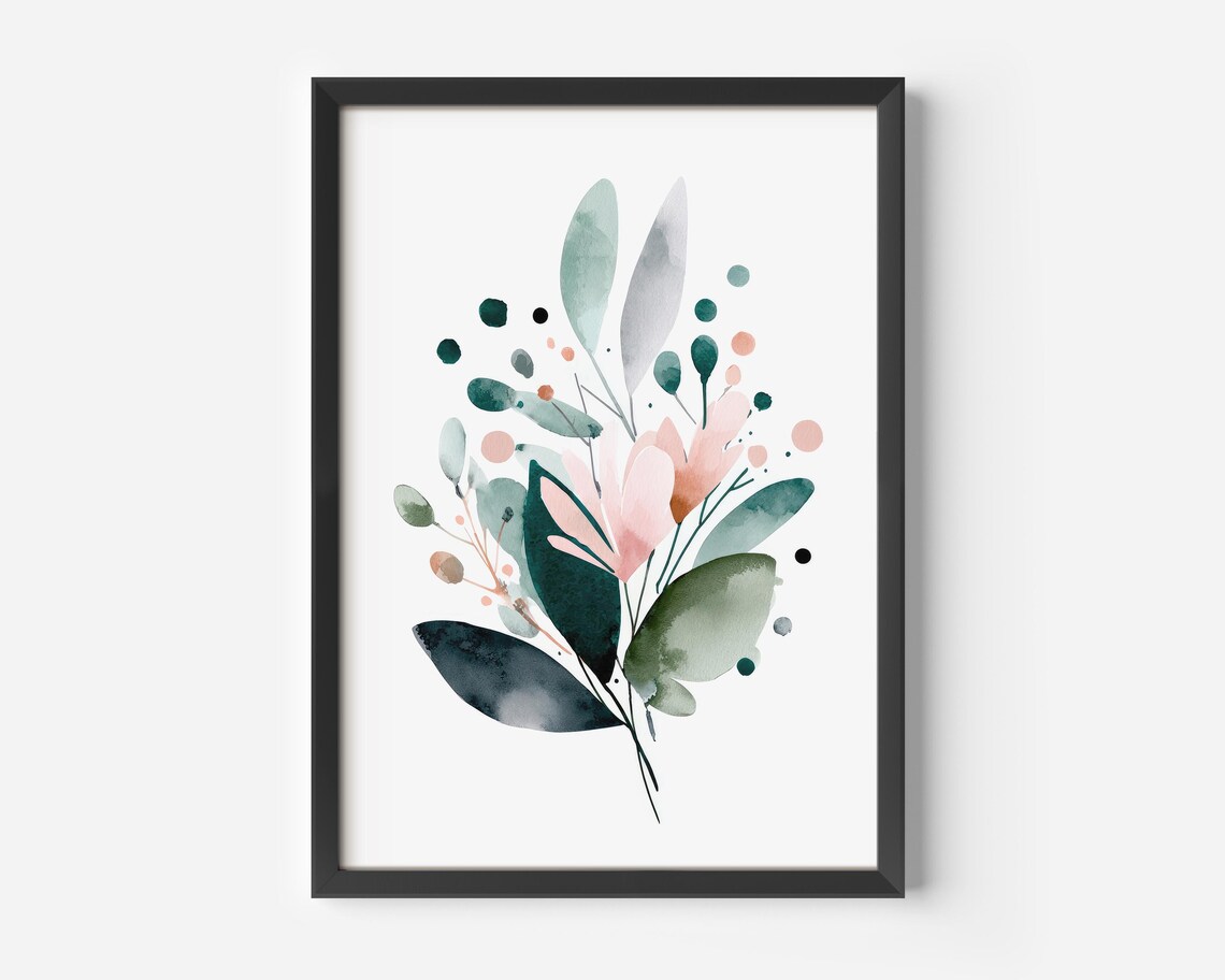 Pastel Watercolor Botanical Bouquet Green Leaves Floral Wall Poster
