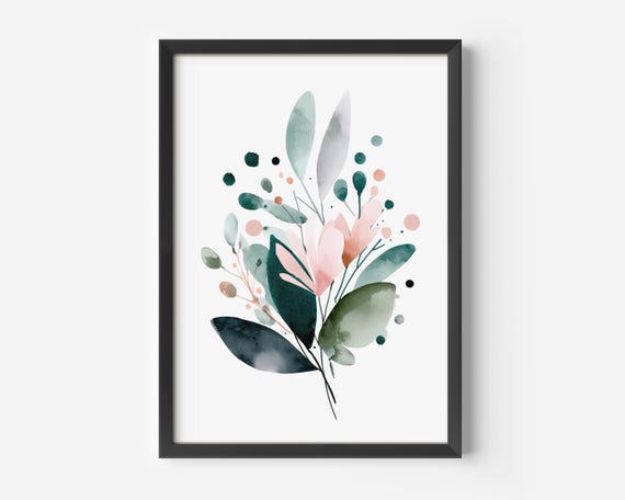Modern Living Room Decoration Watercolor Poster Art Motif Pastel Green Leaves Illustration Fresh Scandi Wall Office Bedroom