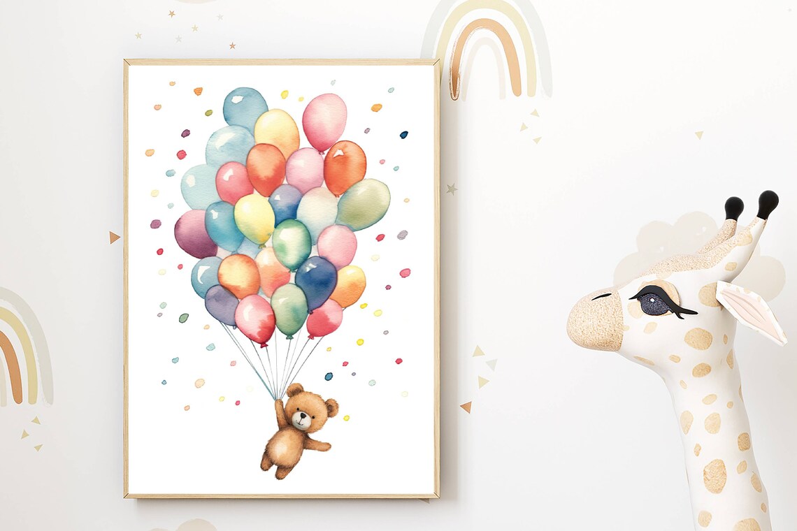 Watercolor Bear With Balloons, Nursery Wall Art