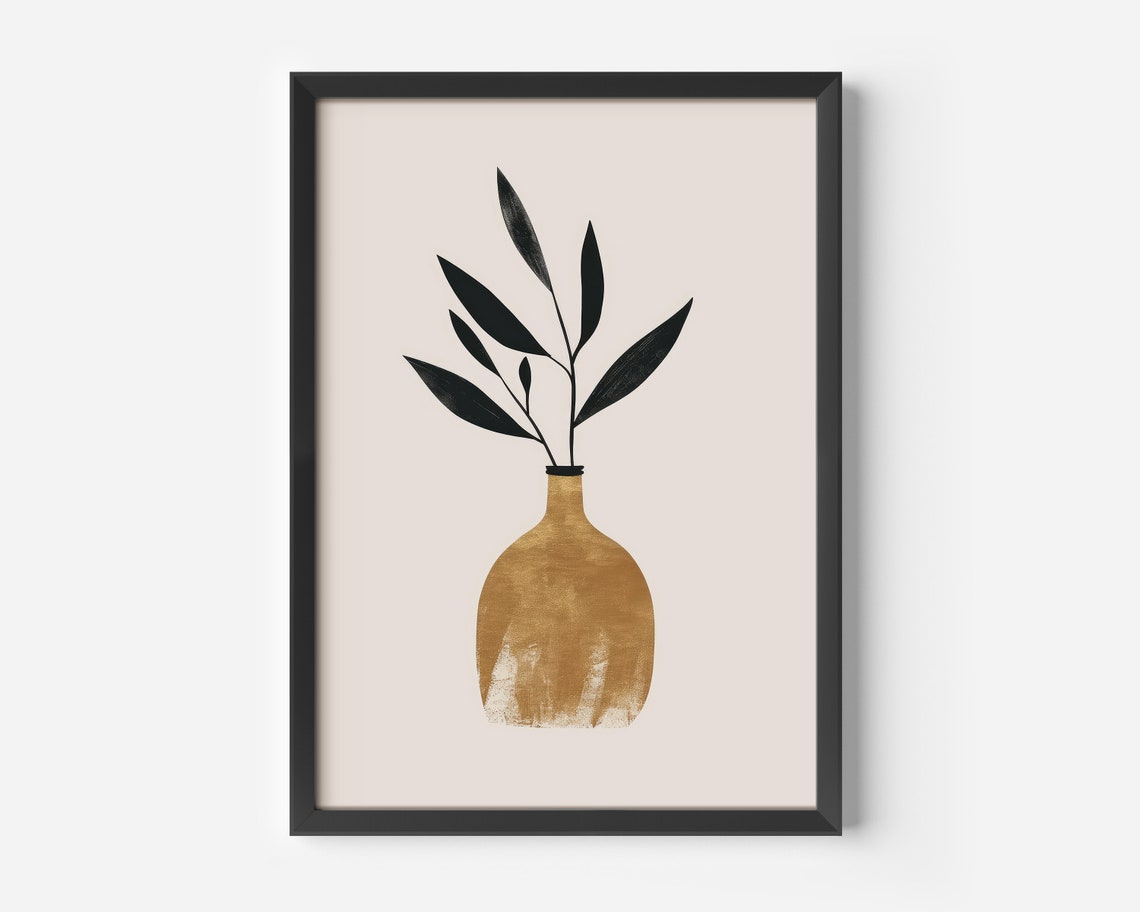 Minimalist Botanical Print of Black Leaves in Ochre Vase Decor