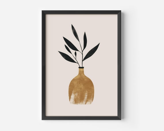 Living Room Decor Minimalist Boho Poster Abstract Plant In A Beigeblack Vase Harmonious Art Print For Home And Office