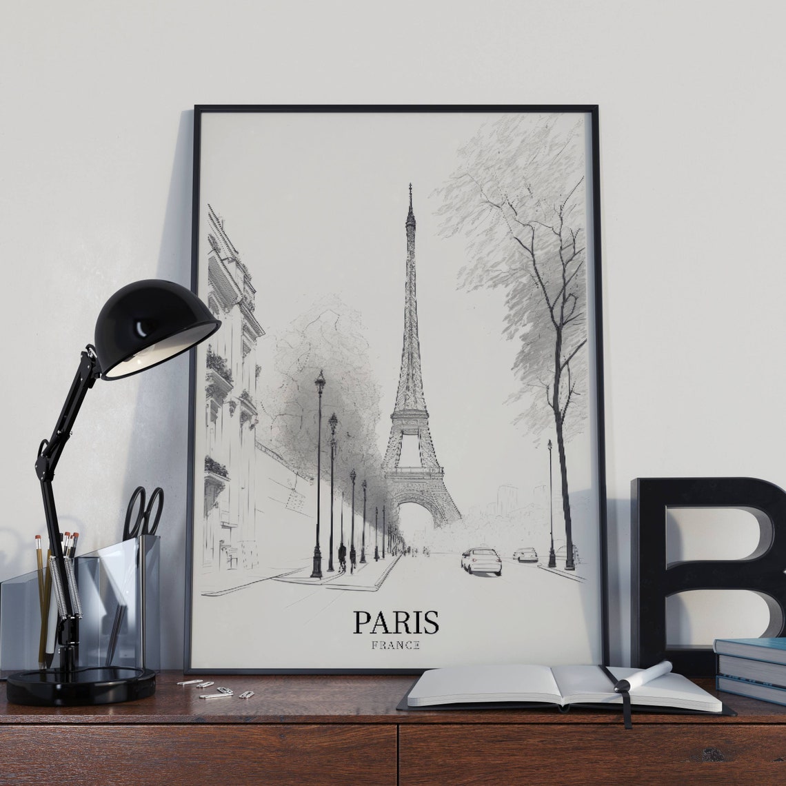 Paris France Eiffel Tower Pencil Sketch Black and White Travel Poster