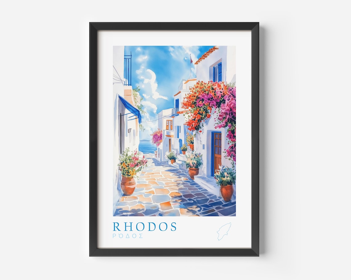Rhodos Greece Watercolor Travel Poster With Bougainvillea Street View