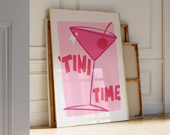 Pink Martini Tini Time Cocktail Illustration Chic Kitchen Bar Poster