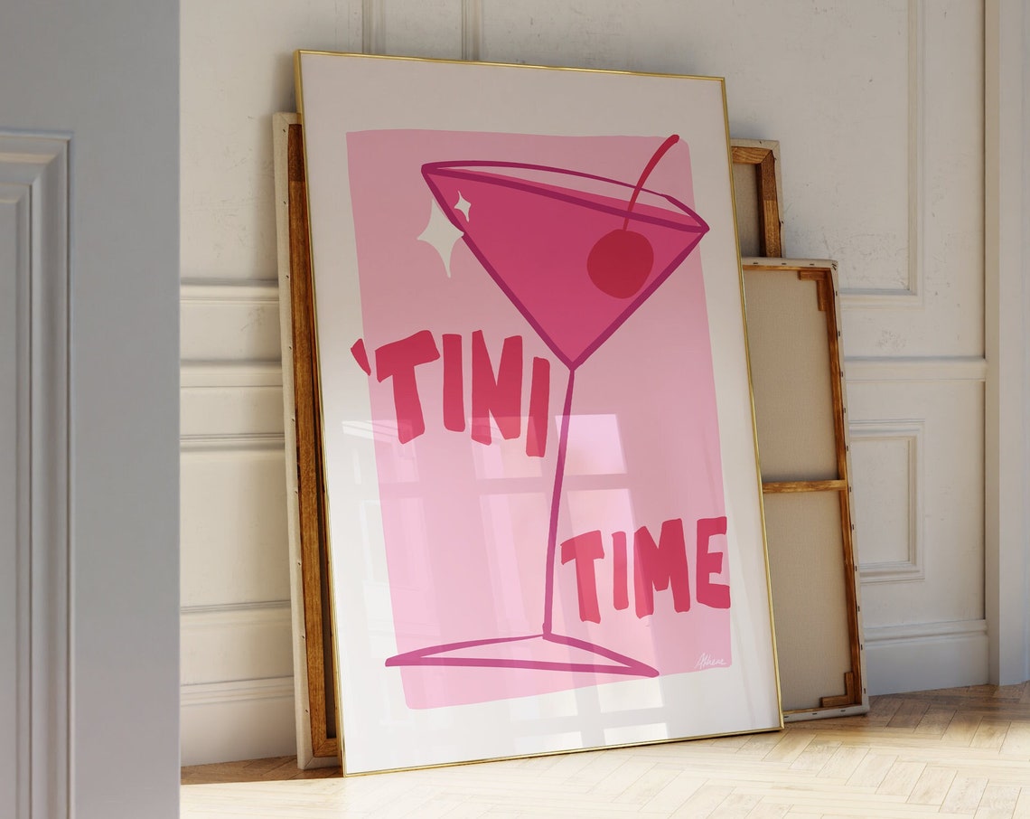 Pink Martini Tini Time Cocktail Illustration Chic Kitchen Bar Poster