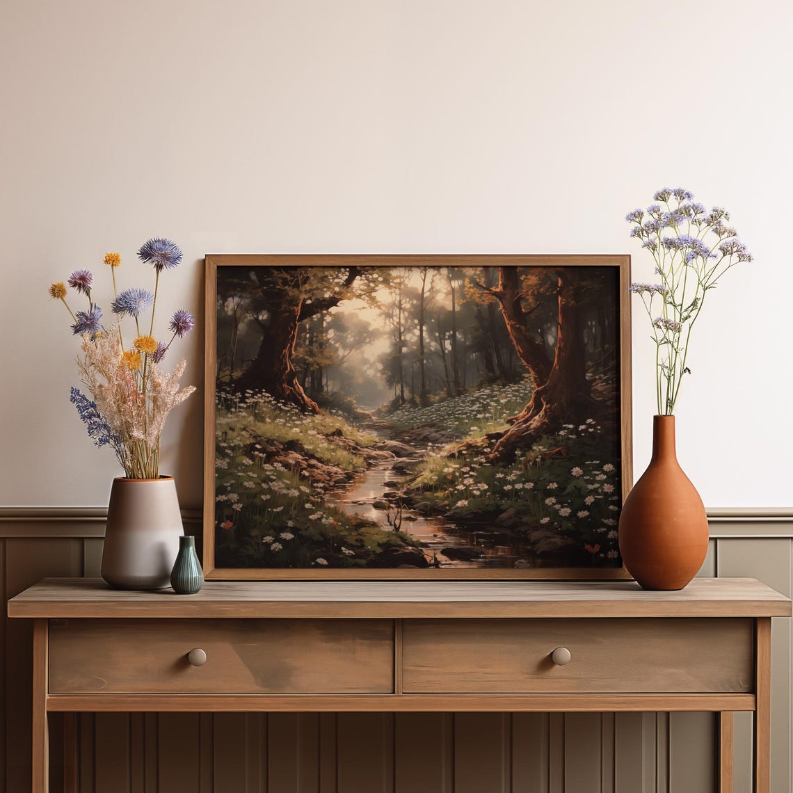 Mystical Forest Stream Daisy Meadow Sunlit Woodland Nature Art Poster - Image 3