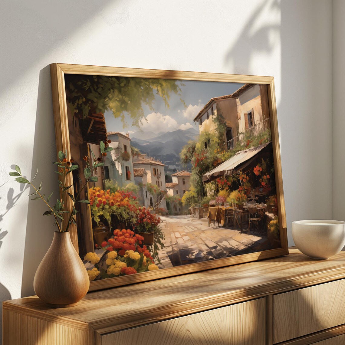 Mediterranean Market Street Flower Stalls Café Mountains Oil Poster - Image 4