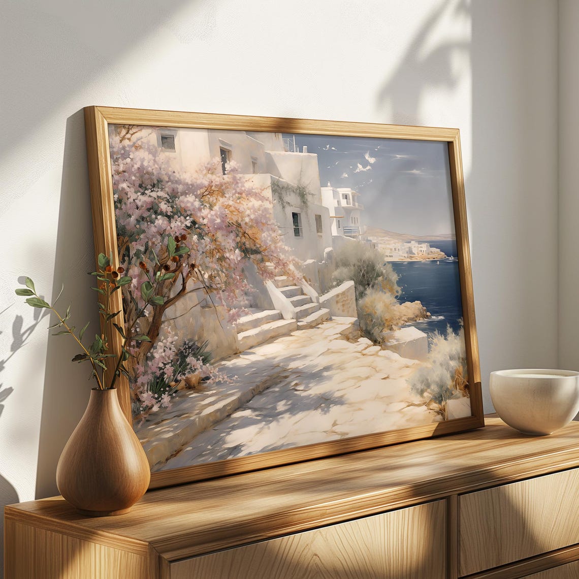 Whitewashed Coastal Village With Blooming Tree By The Sea Oil Poster - Image 4