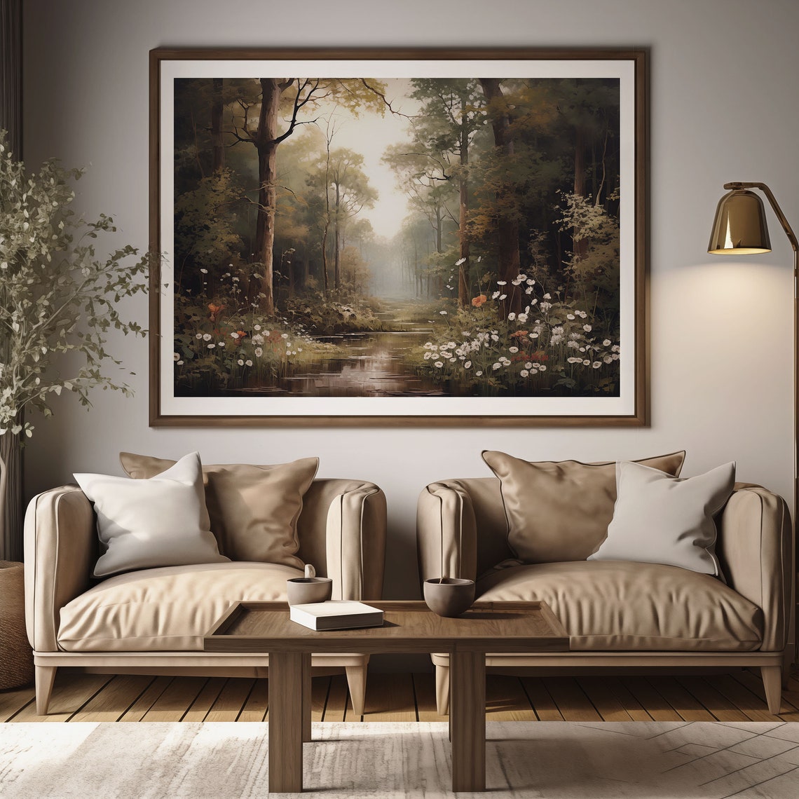 Misty Dark Forest Pond White Wildflowers Moody Oil Painting Poster - Image 2