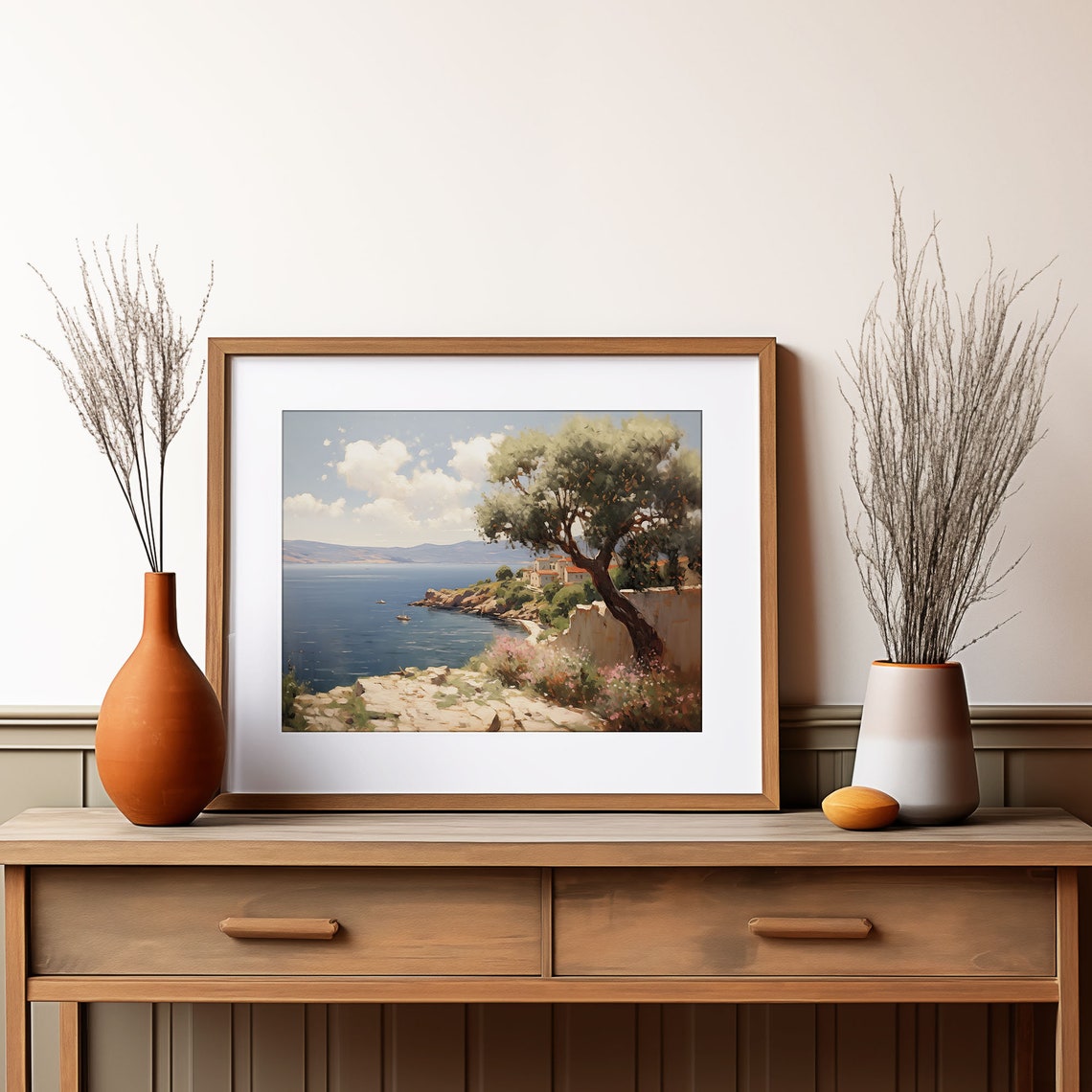 Olive Tree Cliff Village Painting Seaside Boats Blue Water Poster - Image 2