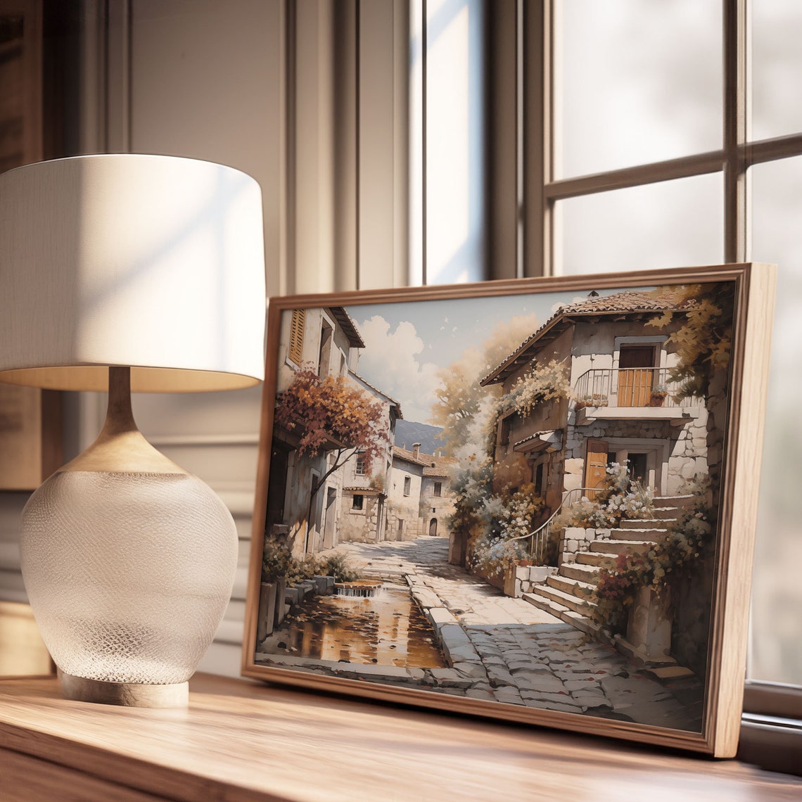 Stone Village Street With Stream Autumn Colors Oil Painting Poster - Image 3