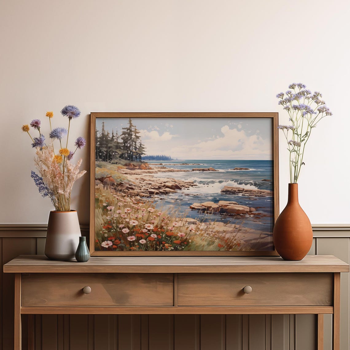 Rocky Coastal Shoreline Pine Trees Wildflower Oil Painting Poster - Image 4
